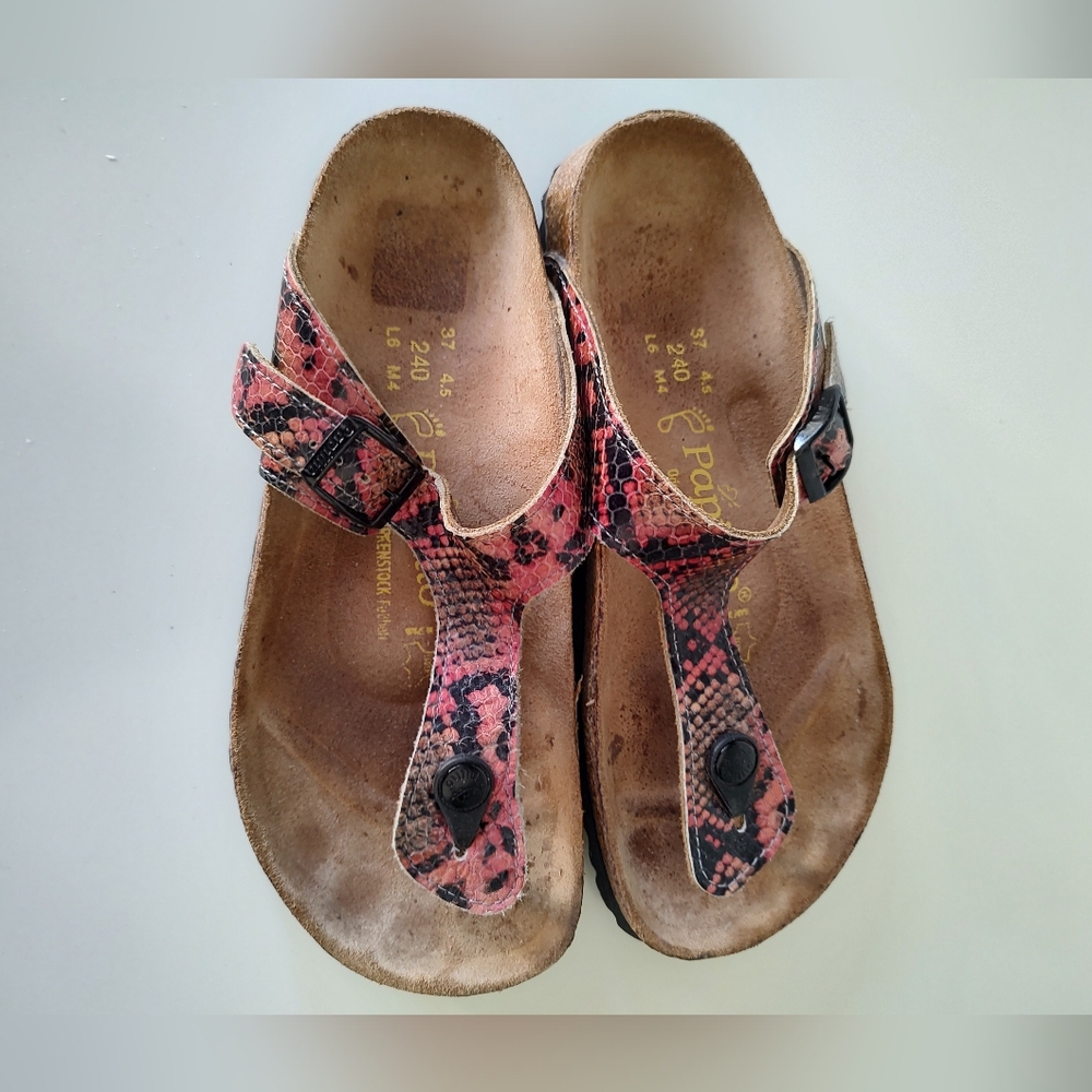 Birkenstock Papillo Snakeskin Style Leather Thong Sandals Pink Black Size 37
